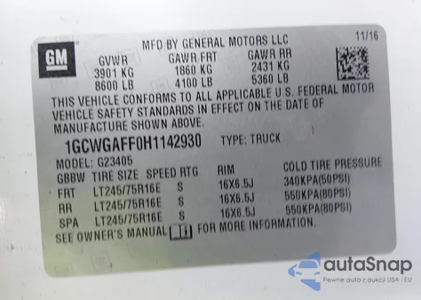 2017 Chevrolet Express 2500 Work Van z USA, uszkodzony, nr VIN 1GCWGAFF0H1142930